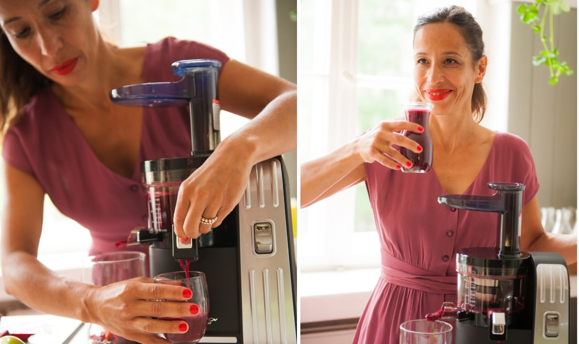 CArla geniesst Rote-Beete-Saft aus dem Sana Juicer EUJ-828