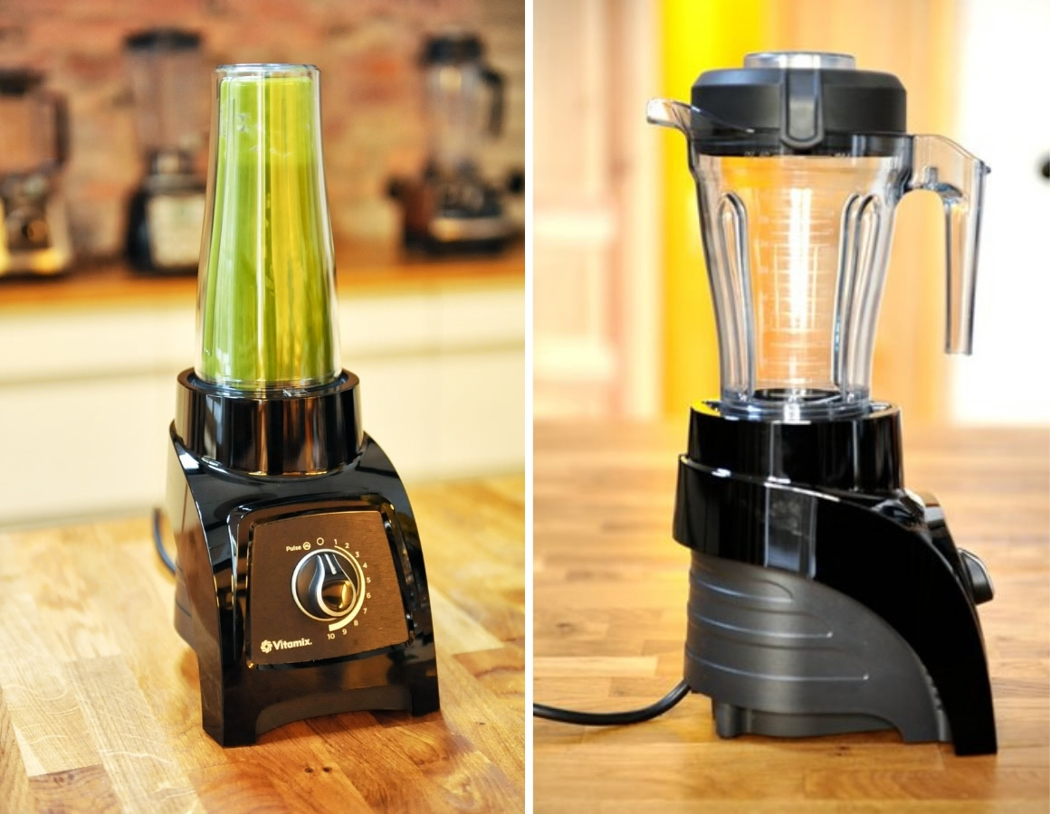 Collage: links Vitamix S30 mit dem Thermobehälter und rechts Vitamix S30 mit dem normalen Behälter